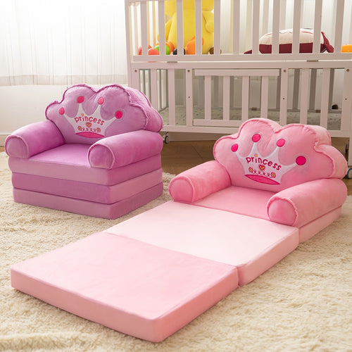 Kids Sofa Princess Crown Pink - 2-in-1 Flip Open Kids Couch & Lounger | Machine Washable Plush Cover & Certified Safe Foam | Dreamy Reading Nook Chair For Girls