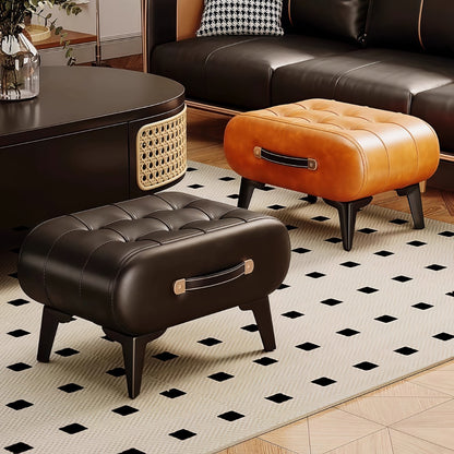 Faux Leather Ottoman Footstool, Small Square Accent Stool with Wooden Frame & Metal Legs for Living Room Entryway Bedroom Office, Retro Modern Shoe Changing Bench – Blue Brown Black Grey Green
