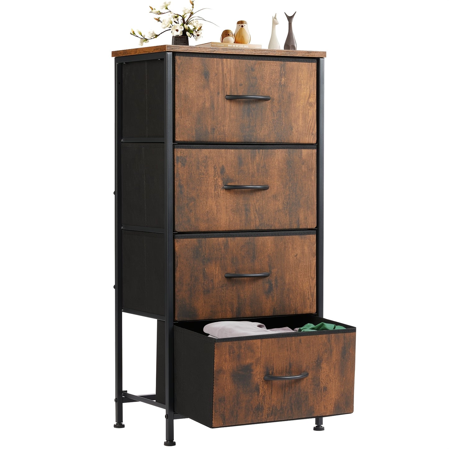 4 Drawer Dresser Organizer Storage Drawers, Chest Of Drawers With Fabric Bin, Steel Frame, Wood Top, Use For Lab, Closet, Black/Brown/White/Gray To Choose