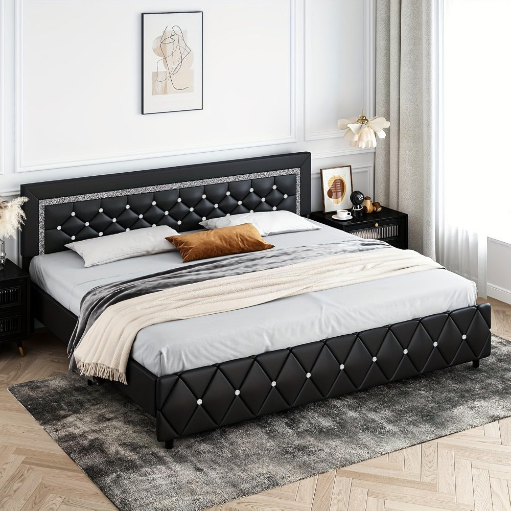 Upholstered Bed Frame with Diamond Tufted Headboard, Faux Leather Headboard and Footboard, Wooden Slat Support, No Box Spring Needed, Easy Assembly, Twin Full Queen King, Black
