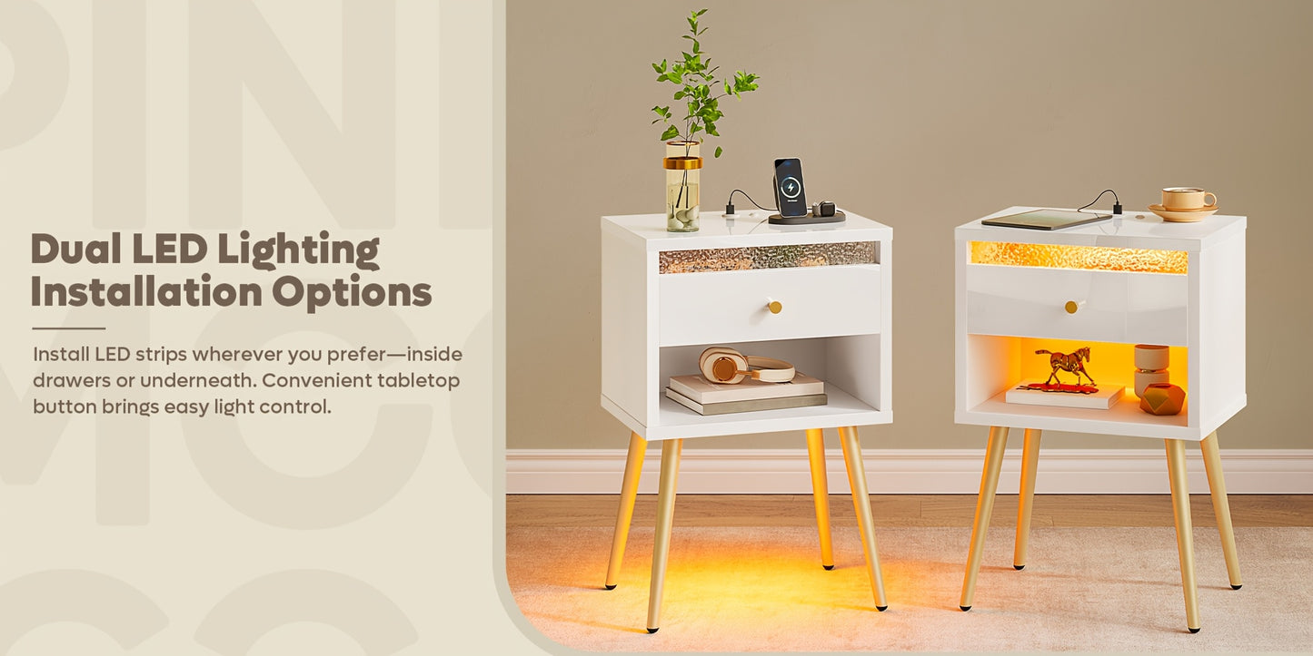 A Pair of Contemporary Nightstands Featuring USB Charging Ports, Standing at 12 Inches Tall. These Compact Bedside Tables Come with a Drawer And Open Storage, Making Them Ideal for Valentine'S Decor in Bedrooms Or Living Rooms