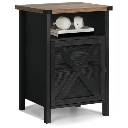 Farmhouse Nightstand with Barn Door & Shelf, Rustic Modern Bedside Table End Table for Bedroom Living Room Entryway, 23.7"x15.8" – Set of 1 or 2, Navy Blue Grey White Oak Black