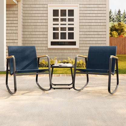 Asofer 3pcs Patio Rocking Chair Set With Glass Table, Outdoor Rockers With Breathable Teslin Mesh, Rust-Resistant Steel Frame, Ergonomic Backrest & Armrests For Garden Porch Backyard
