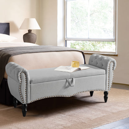 Mid-Century Modern Large Capacity Wooden Storage Box, Bedroom End of Bed Chair with Roll-Up Arms - Spacious Storage Space, Flip-Top Design, Perfect for Bedroom, Living Room, Hallway - Durable, Sturdy, Easy to Assemble