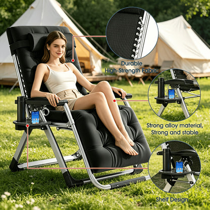Portable Folding Chaise Lounge Chair, Outdoor Lawn Recliner with Removable Cushion, Headrest & Cup Holder, Heavy Duty Patio Reclining Chair Supports 440 Lbs
