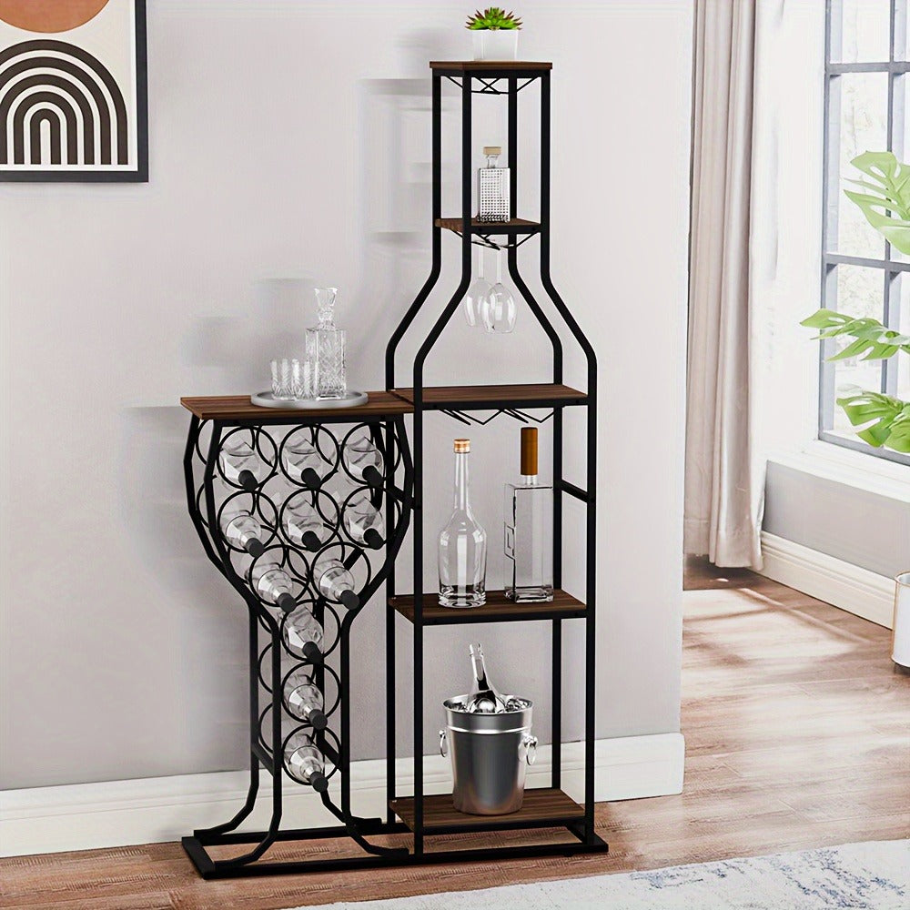 Wine Rack with Hanging Glass Holder & Storage Shelves - 5-Tier Freestanding Baker's Rack for Kitchen, Dining Room & Home Bar, Holds 11 Bottles