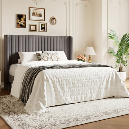 [Velvet Platform Bed Frame] WEEWAY Wingback Velvet Upholstered Platform Bed Frame, Vertical Channel Tufted Headboard, Wooden Slats Support, Heavy Duty Mattress Foundation, No Box Spring Needed, Easy Assembly, Avabliable Full/Queen/King Size, Free Shipping
