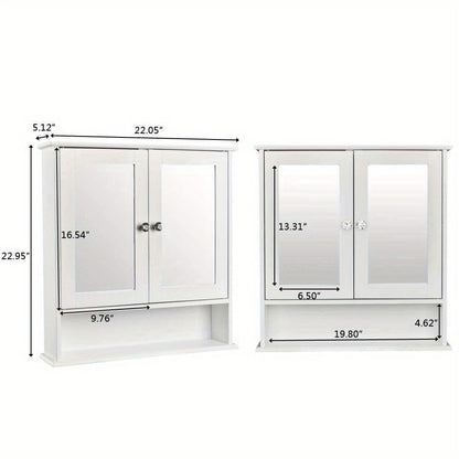 Modern White Metal Wall-Mounted Bathroom Storage Cabinet with 2 Mirror Doors & Adjustable Shelves - Space-Saving Medicine Organizer for Kitchen, Laundry Room, Hotels - Easy Assembly, No Electrical Needed, Narrow Bathroom Storage Cabinet, Contemporary Desi