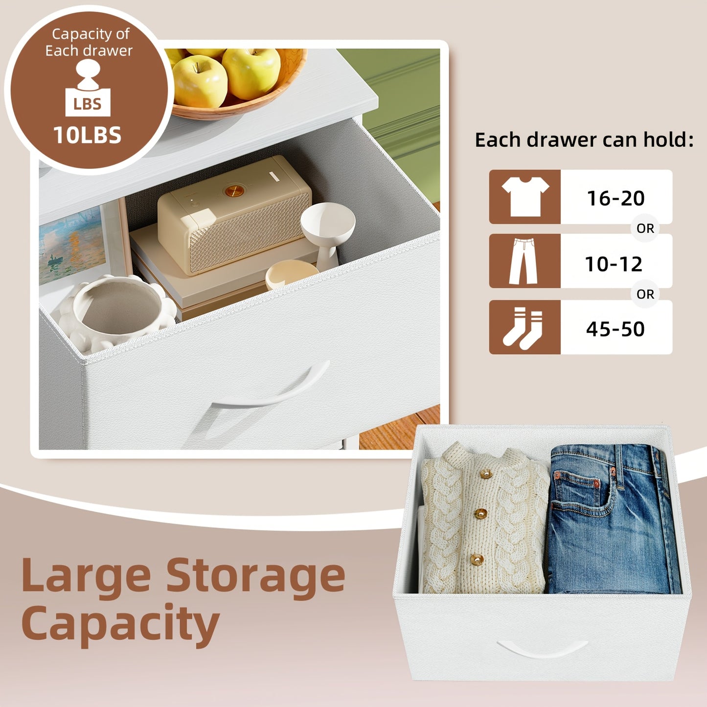 EUNOS Tall Dresser for Bedroom, Storage Organizer Chest Of Drawers with Removable Fabric Bins for Living Room Closet Bedside Laundry Entryway Hallway
