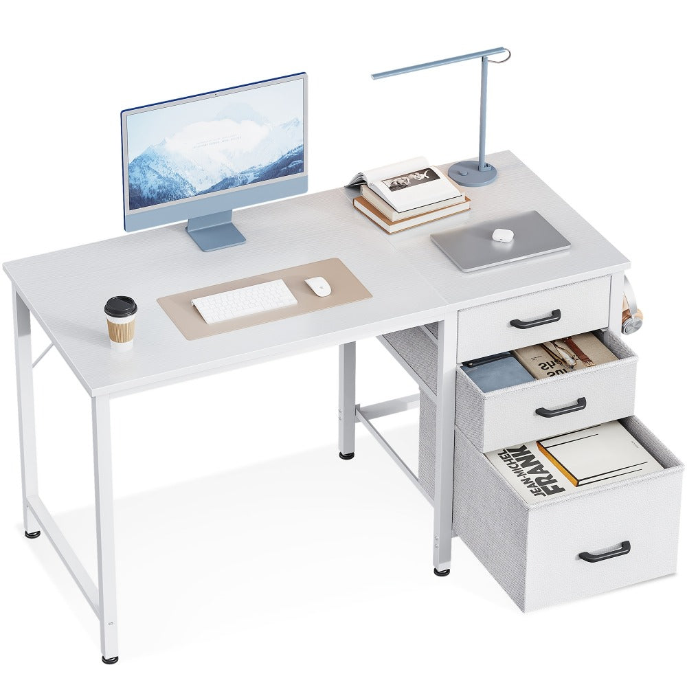 Computer Desk with 3 Fabric Drawers & Hook for Small Space – Home Office Writing Study Table with File Storage, 40"/48" White & Black Bedroom Desk
