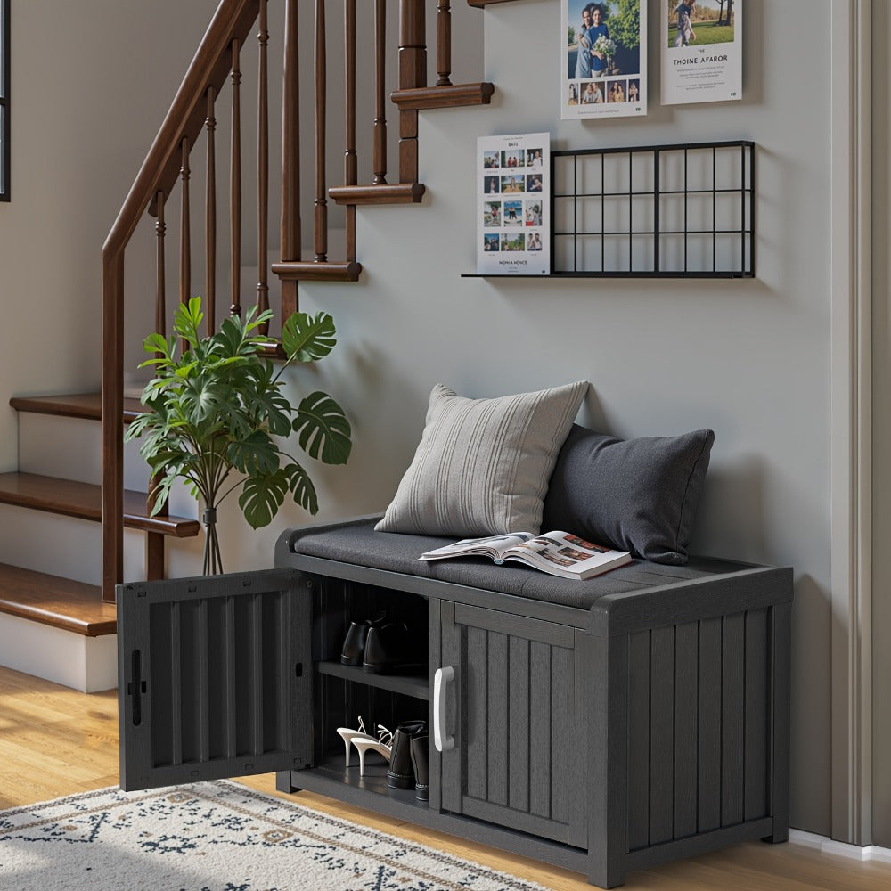Outdoor Storage Bench with Double Doors & Adjustable Shelf, Entryway Storage Cabinet for Garden Tools & Outdoor Gear, 31.89" Patio Storage Stool in Black & Light Brown, Holiday Gift Idea