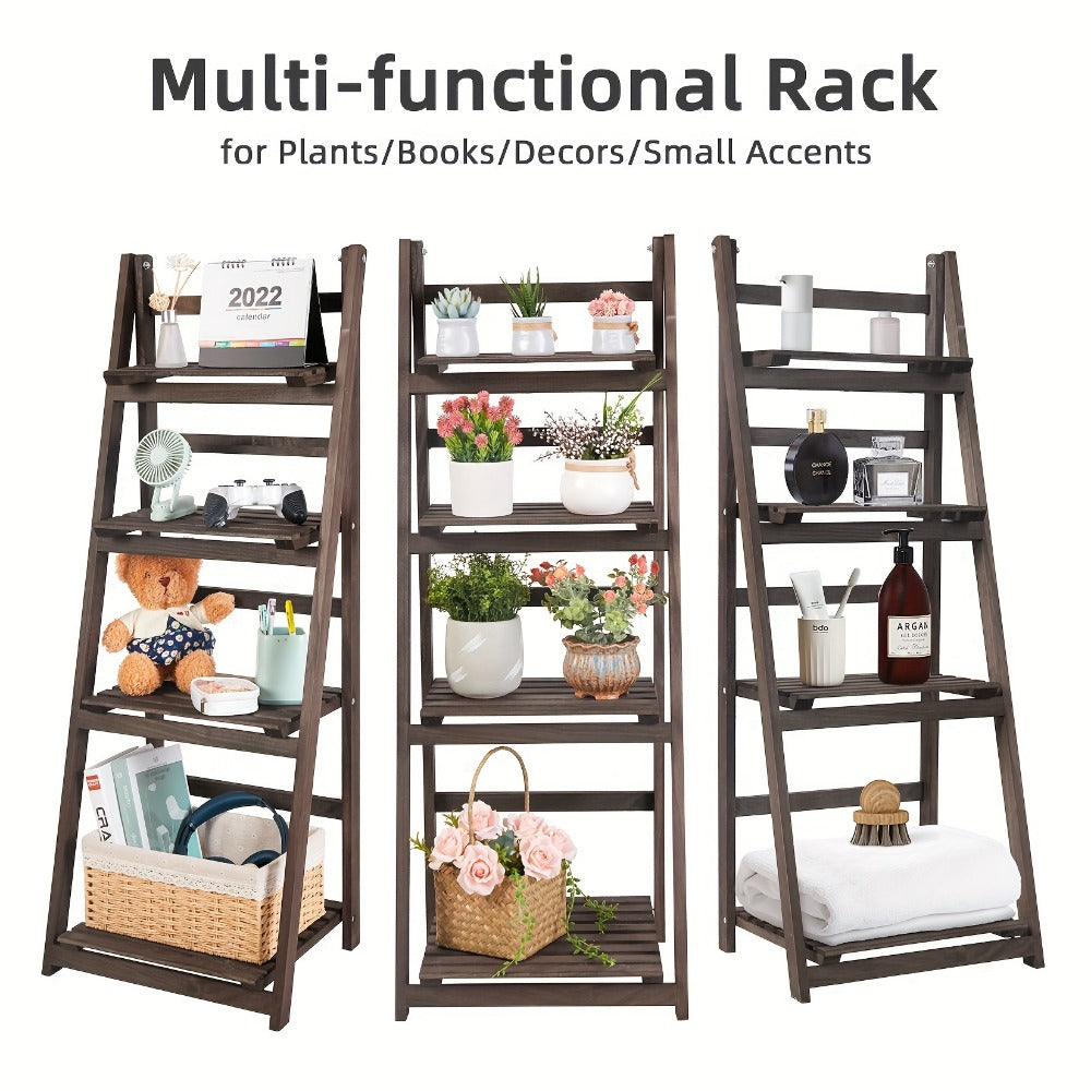 4-Tier Ladder Plant Stand Solid Wood Foldable, Paulownia Wood Display Shelf for Plants Garden Patio Balcony Living Room, Corner Shelf Storage Rack Bookshelf