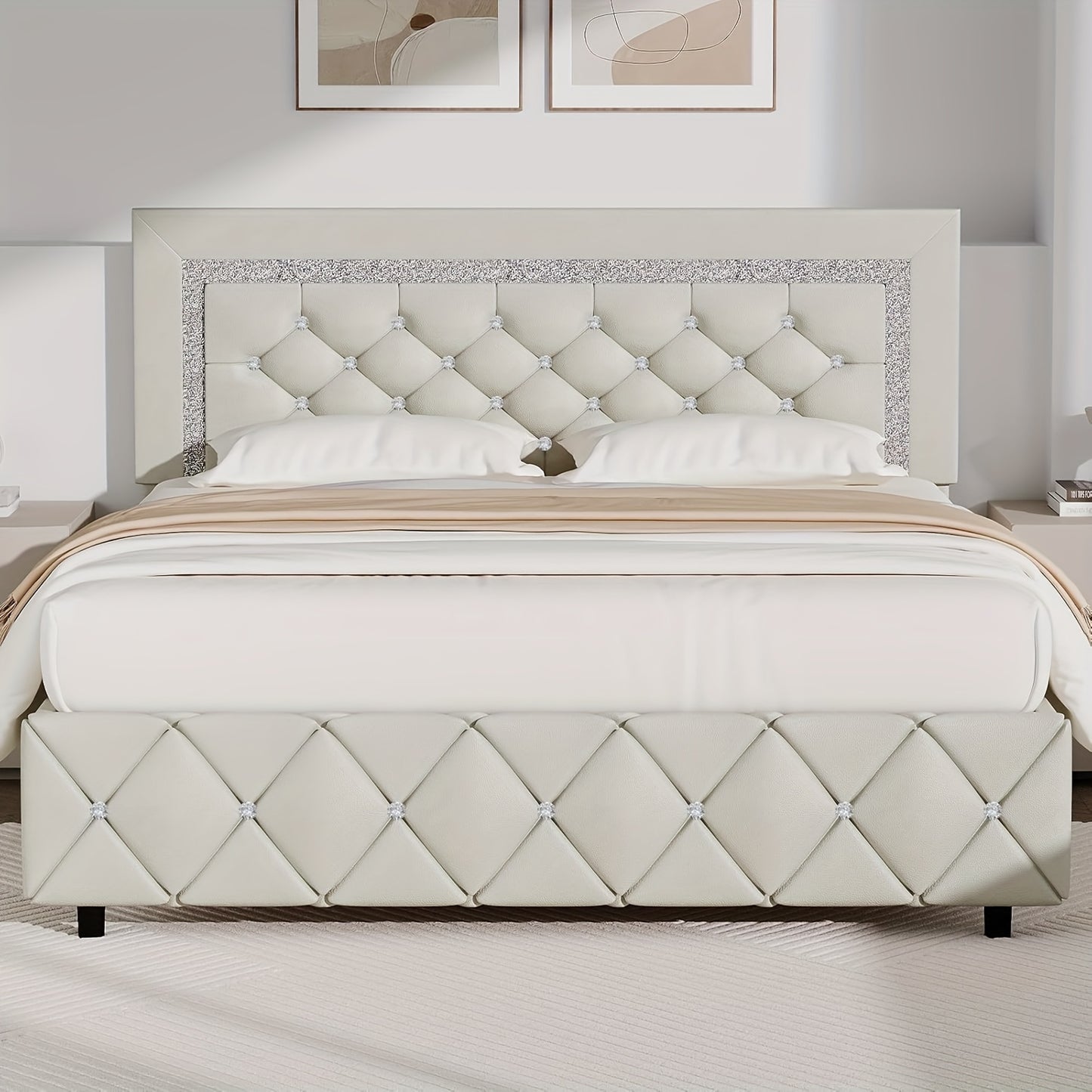Upholstered Platform Bed Frame with Button-Tufted Diamond Headboard – Wooden Slats, No Box Spring Needed, Twin Full Queen King, Black White Pink Green Gray Beige