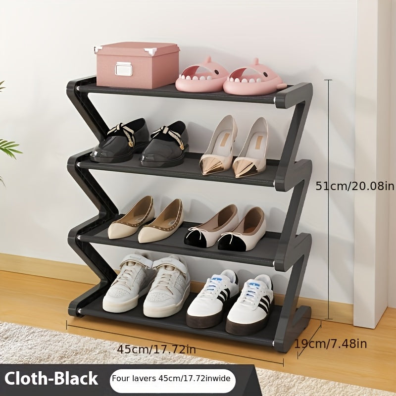 4-Tier Z-Shaped Shoe Rack, Plastic with Golden Connectors, Freestanding Storage Organizer, Easy Assembly Floor Standing for Living Room, Stackable, Holds 4 Pairs per Layer (Shoe Width 23cm), Max Load 6kg/Shelf, >22cm Floor Height, No Wood, Electricity-Fre