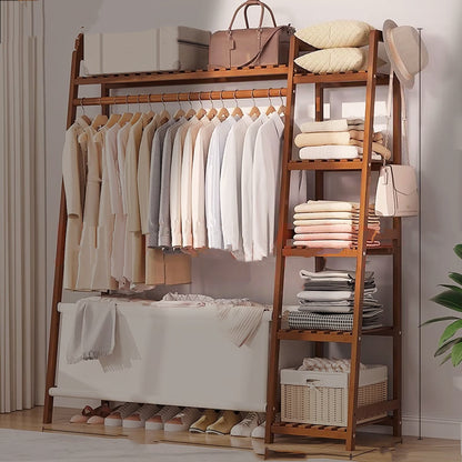 A multi capacity storage rack with brown and brown options, equipped with 5 side storage racks. A hat rack with shelves and bags is suitable for home storage, and a side hat hook is suitable for bedroom and hat room storage Specifications: with bag or wit