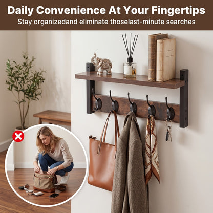 Wall-Mounted Coat Rack with Shelf & Hooks Heavy Duty Industrial Metal, Rustproof Entryway Organizer Multi-Tier Storage for Hallway Mudroom Porch, No Assembly Required Vintage Style