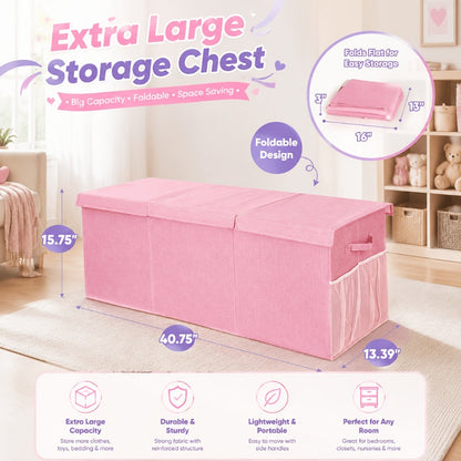 Extra Large Collapsible Storage Bin with Mesh Pockets, 40"x14"x16" Foldable Toy Box Organizer for Kids Girls Bedroom Playroom Home, Pink Sturdy Storage Basket