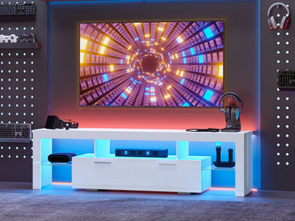 TV Stand with LED Lights & 2 Cabinets for 55 65 75 80 Inch TVs | 71" High Gloss Entertainment Center, Glass Shelves, Wood Media Console | Living Room Bedroom Gaming Room | White, Black or Marble