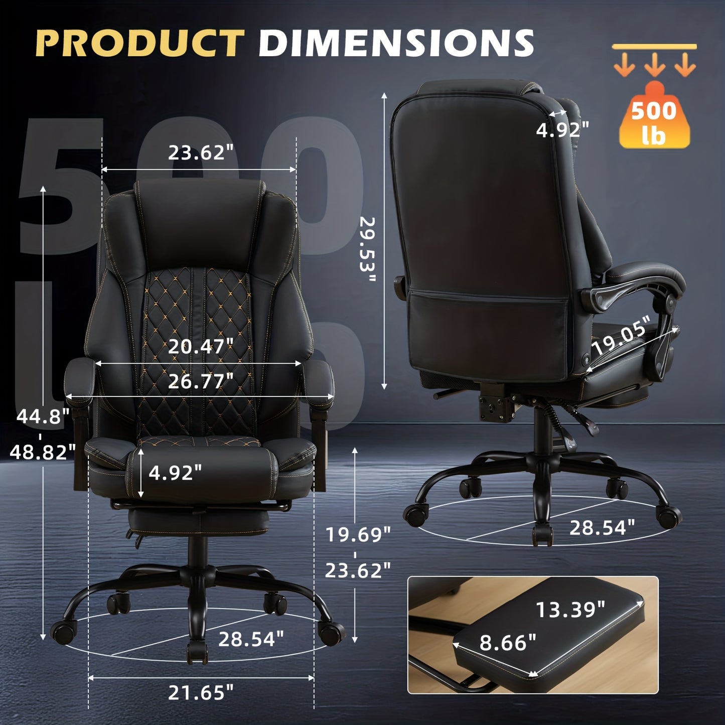 Big And Tall Office Chair, Leather Executive Office Chair with Foot Rest for Heavy People, Wide Ergonomic Comfy High-Back Reclining Computer Chair, Swivel Rolling Wheels And Padded Lumbar Support