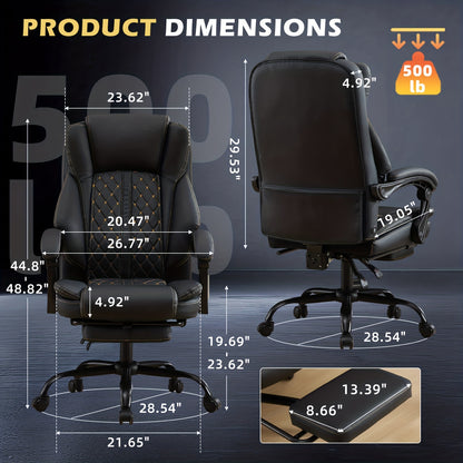 Big And Tall Office Chair, Leather Executive Office Chair with Foot Rest for Heavy People, Wide Ergonomic Comfy High-Back Reclining Computer Chair, Swivel Rolling Wheels And Padded Lumbar Support