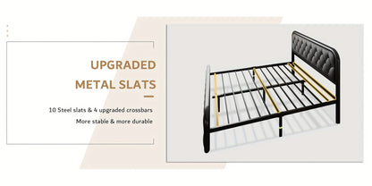 Metal Platform Bed Frame with Faux Leather Headboard Heavy Duty Steel Slats 12 Inch Under Bed Storage Space Easy Assembly Full Queen King Black