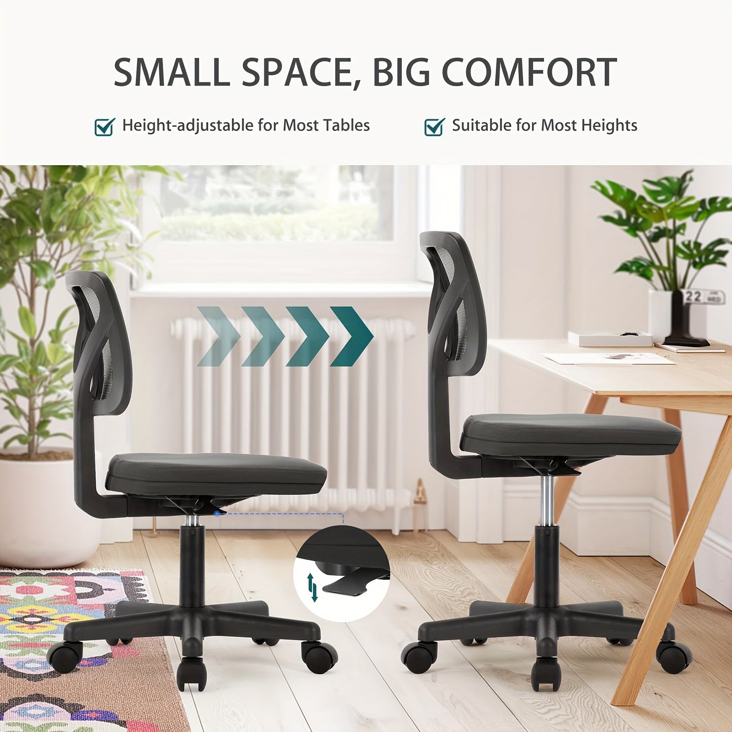 Low-Back Mesh Armless Office Chair, Swivel Rolling Computer Chair No Arms with Lumbar Support Game Computer Desk with Storage, Home Office Modern Simple Style PC Table for Youth Student Adult