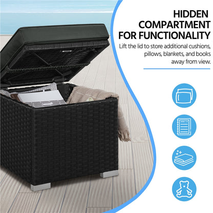 Costoffs 2pcs Rattan Ottomans with Hidden Storage & Removable Cushions, Outdoor Patio Furniture Ottoman Set, Versatile Resin Wicker Footstools, Side Tables, Additional Seating for Garden, Balcony, Deck, Khaki/Gray/Blue