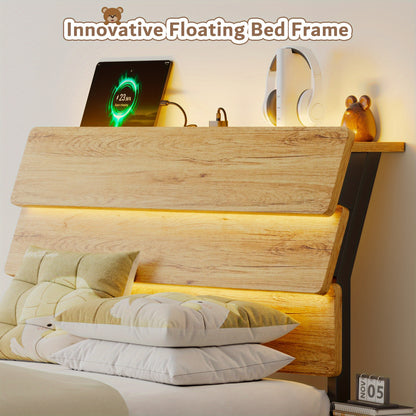 Valnase Floating Bed Frame with LED Lights, with Built-In Charging Station Storage Wooden Headboard, Heavy-Duty Metal Support, Easy Assembly