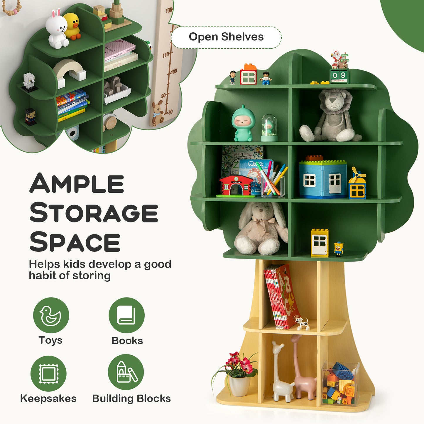 COSTWAY Tree Bookcase for Kids, 6-Tier Toy Storage Organizer with Open Storage Shelves, Anti-Toppling System, Lovely Toddler Wooden Bookshelf for Kid's Room, Play Room, Nursery, Kindergarten