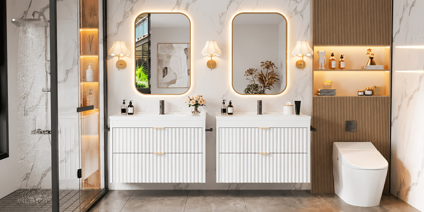 24" 2pcs/1pc Bathroom Vanity with Sink, 24" Floating Bathroom Vanity with LED, 24" with 3-Hole Ceramic Vanity Sink, Wave Line Design, 2pcs Soft-Close Drawers, Wall-Mounted Cabinet for Small Spaces, Black/White