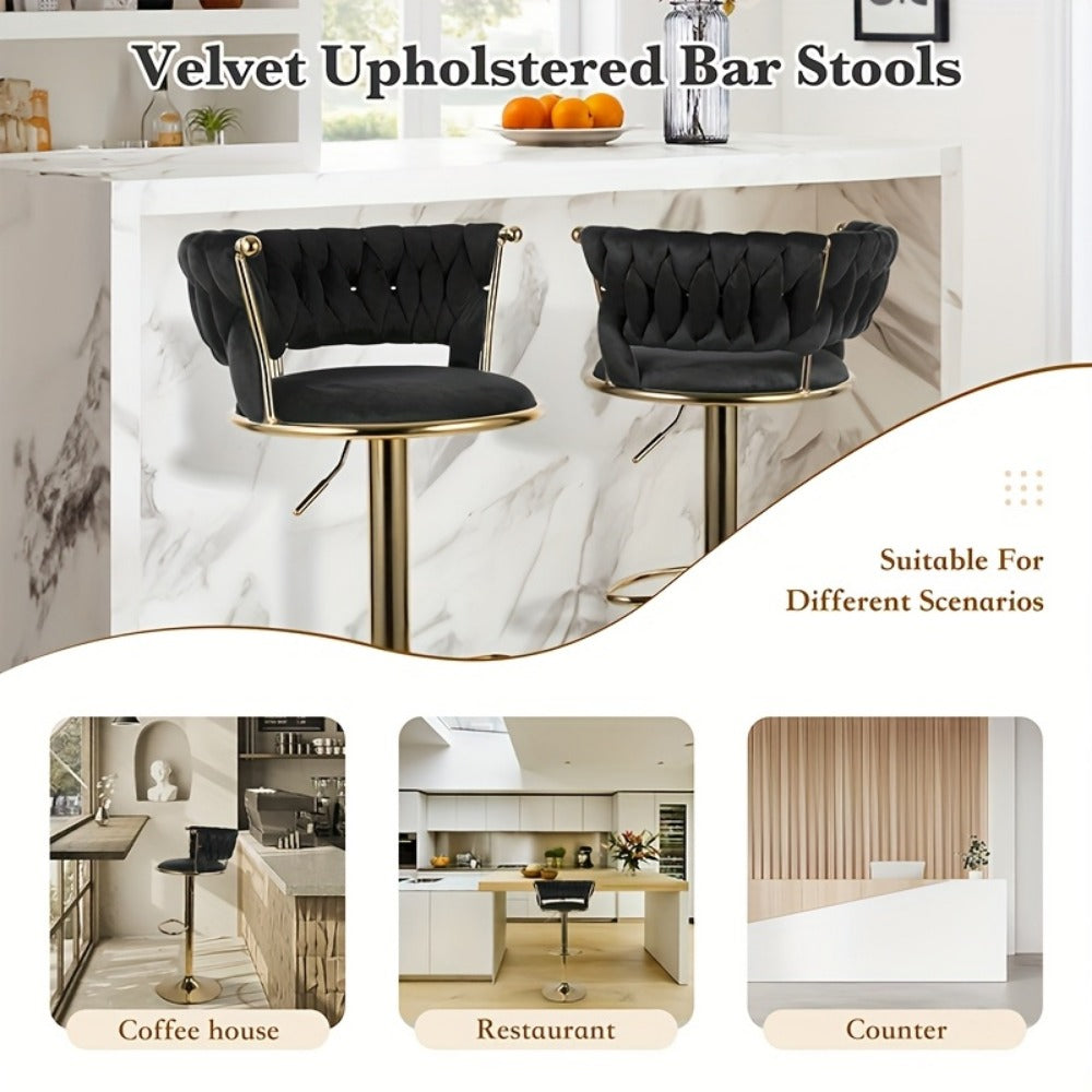 Velvet Bar Stools Set of 2 or 4 Swivel 360° Adjustable Height Counter Stools with Back Gold Metal Base Kitchen Island Dining Room Woven Velvet Black Beige Green