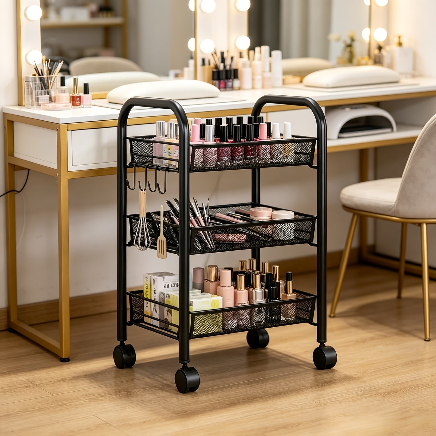 Rolling Metal Storage Rack with Wire Baskets, Adjustable Mobile Kitchen Storage Cart on Wheels, Multifunctional Food & Pantry Organizer for Kitchen, Bathroom & Pantry, Space-Saving Design