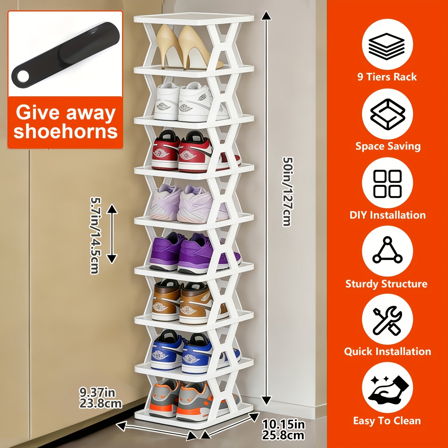9/6-Tier Shoe Organizer - Comes with a Shoe Horn, Vertical Design, Perfect for Closets, Hallways, Bathrooms, Dorms, Storage And Organization, Stackable Plastic Shoe Organizer, Easy to Assemble