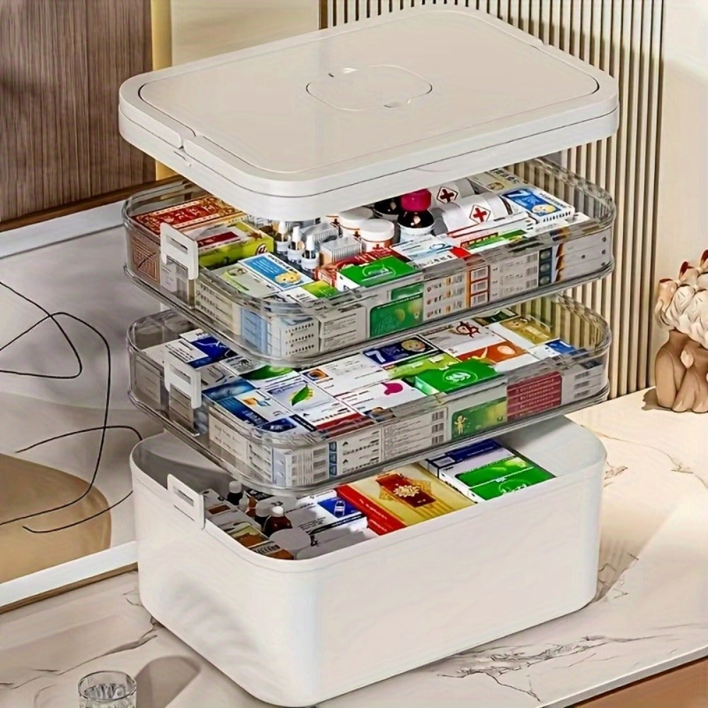 Medicine Storage Box Multi-Layer Large Capacity with Portable Pill Box, Adjustable Dividers, Moisture-Proof Cover & Safety Handle, Home Bathroom Travel Pill Organizer for Vitamins and Supplements (White)