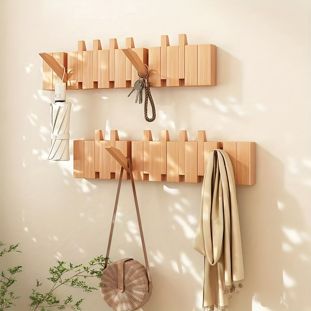 1pc Natural Wood Wall-Mounted Coat Rack with 10 Hooks - Piano-Shaped Accordion Design, Walnut Finish, Space-Saving Vertical Storage for Entryway, Bedroom, Bathroom - Easy Assembly, No Batteries/Electricity, Durable Multi-Purpose Organizer for Coats, Hats,