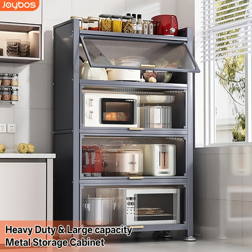 Heavy-Duty Metal Kitchen Cabinet with Transparent Acrylic Doors - Extra Tall Storage Shelf, Large Pantry Organizer for Kitchen, Living Room, Dining - Easy Assembly, No Power Needed (Grey, 57.1"H x 31.5"W x 12.6"D) - Ideal for Small Spaces