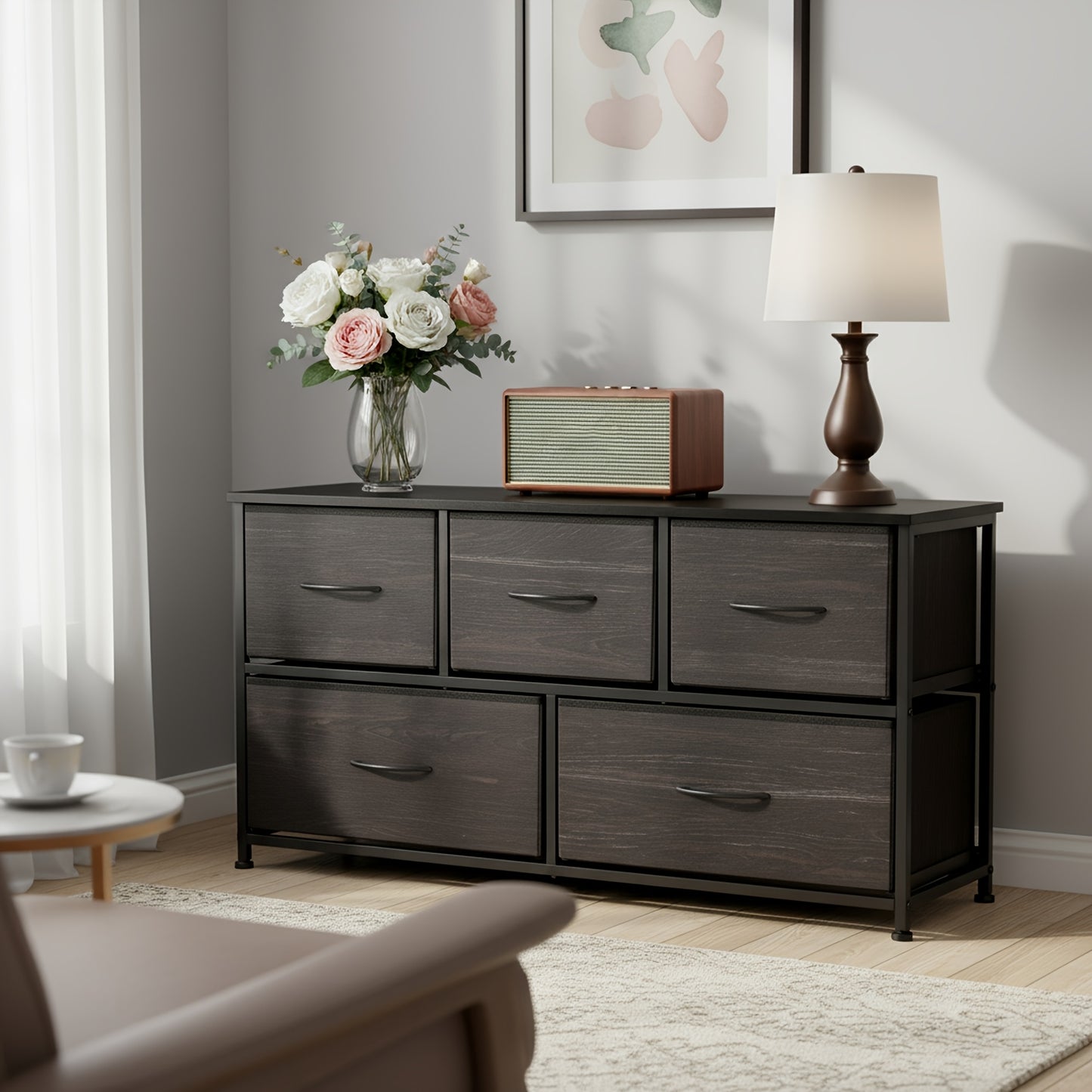 Modern 5-Drawer Dresser with Fabric Bins - Wide Chest of Drawers, Space-Saving, Assembly, Wood-Free Suitable for Apartment, Closet, Hallway - Compact Organizer with Ample Storage (3.2+ Cubic Feet)