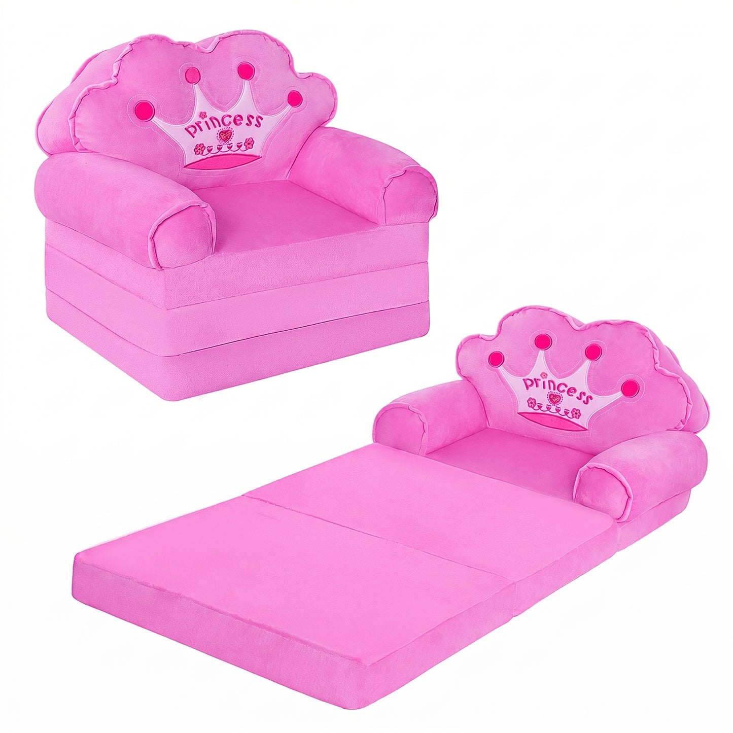 Kids Sofa Princess Crown Pink - 2-in-1 Flip Open Kids Couch & Lounger | Machine Washable Plush Cover & Certified Safe Foam | Dreamy Reading Nook Chair For Girls