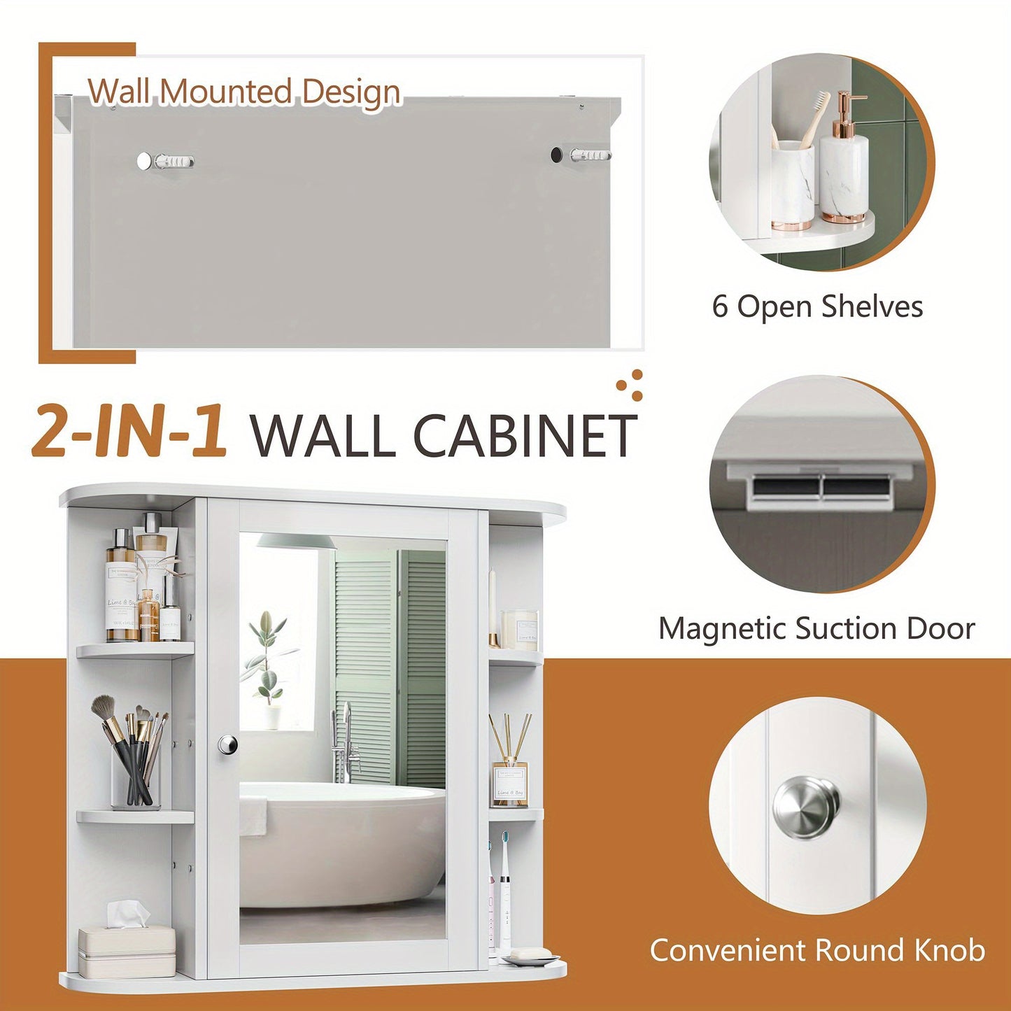 Wall-Mounted Bathroom Mirror Cabinet Featuring a Medicine Cabinet with Six Side-Opening Shelves, Finished in White