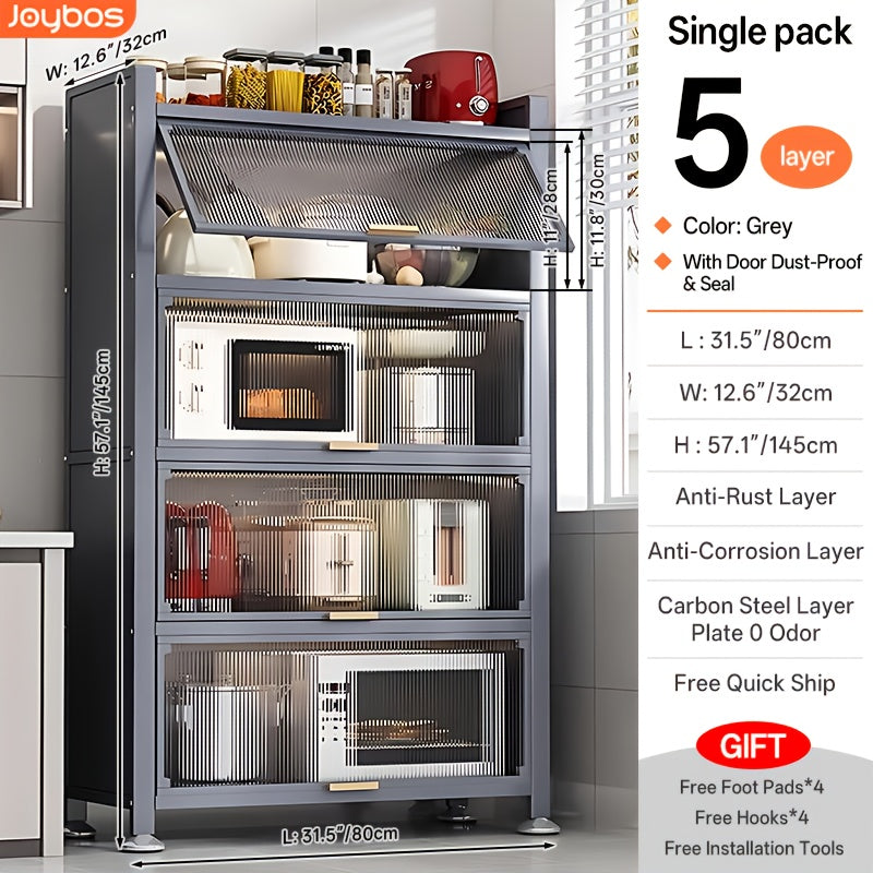 Heavy-Duty Metal Kitchen Cabinet with Transparent Acrylic Doors - Extra Tall Storage Shelf, Large Pantry Organizer for Kitchen, Living Room, Dining - Easy Assembly, No Power Needed (Grey, 57.1"H x 31.5"W x 12.6"D) - Ideal for Small Spaces