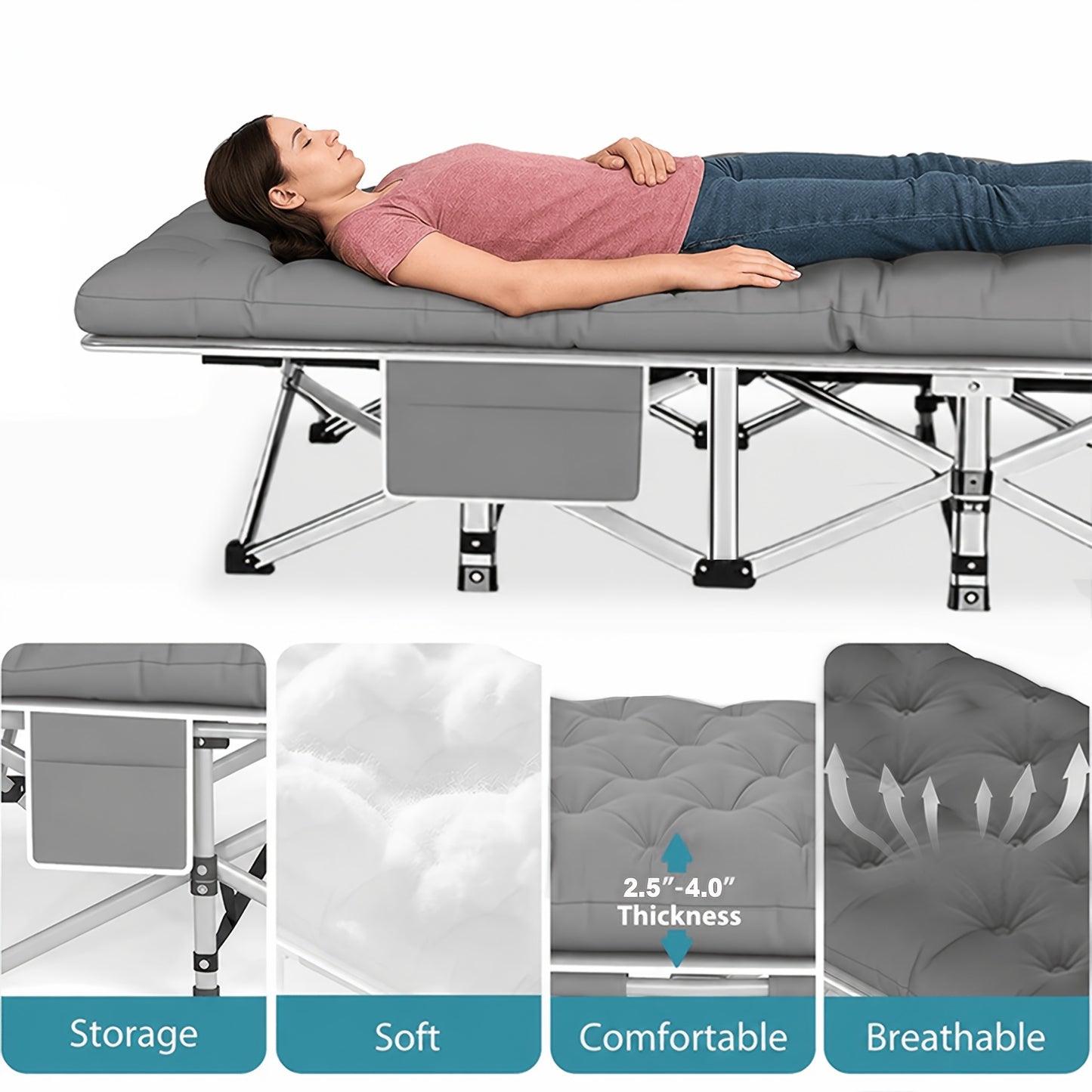 59inBed Frame Sold Separately Adult Camping Bed 28 Inch Wide Heavy-duty Folding Bed, Portable Folding Bed With Cushion, Pillow, And Handbag - No Assembly Required, Napping Bed, Guest Bed, Sofa Bed. Suitable For Camping, Beaches, RVs 510/610/710 Lbs