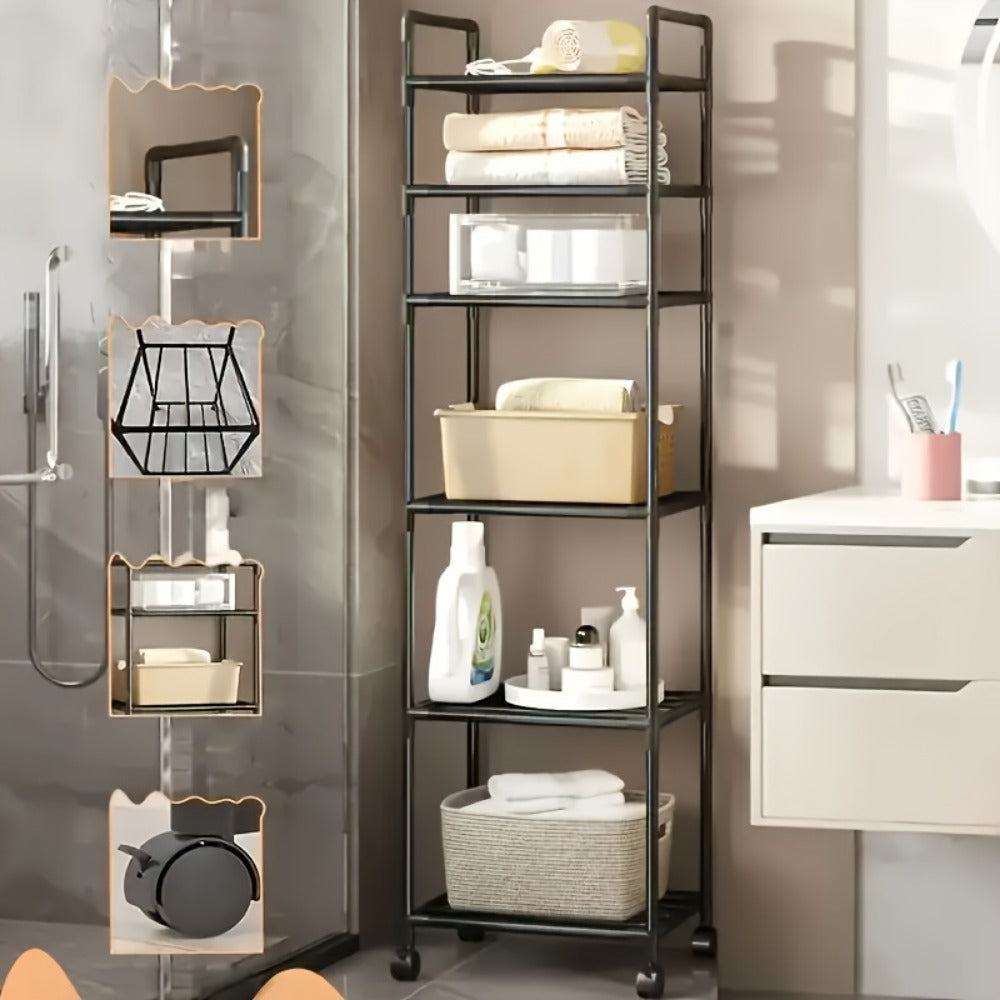 6-Tier Adjustable Metal Storage Rack with Wheels and Hooks - Corner Shelving Unit for Kitchen Bathroom and Garage Organization