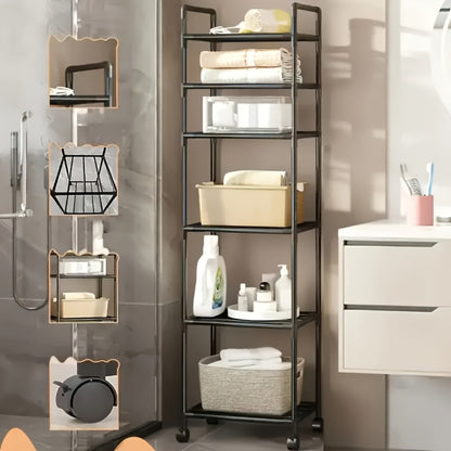 6-Tier Adjustable Metal Storage Rack with Wheels and Hooks - Corner Shelving Unit for Kitchen Bathroom and Garage Organization