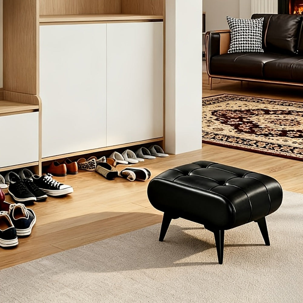Memory Foam Footstool Square Ottoman Cushioned Shoe Changing Stool – Modern Low Stool for Living Room Hallway Entryway, Multifunctional Home Decor Stool, Black