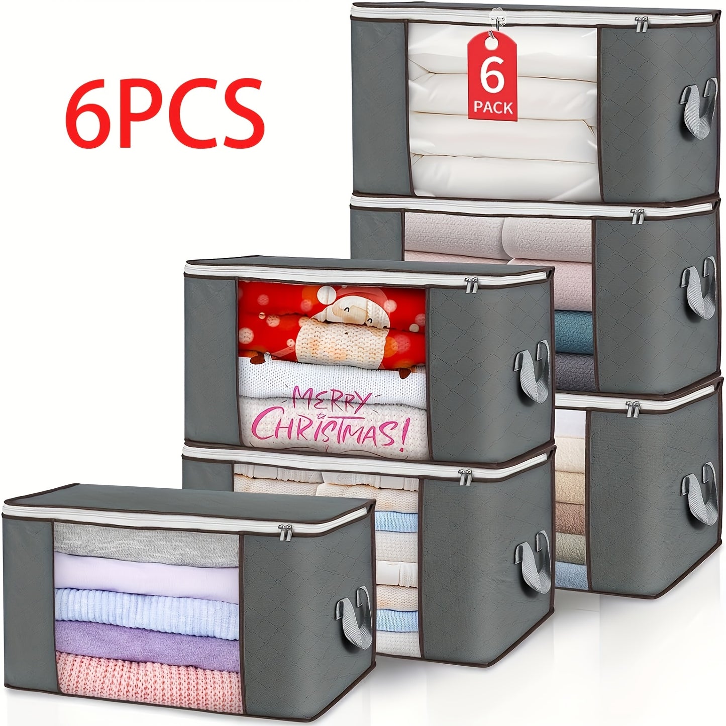 2/4/ 5/6/12pcs 23.78gal Large Storage Bags, Clothes Storage Bins Foldable Closet Organizers Storage Containers with Reinforced Handle for Clothing, Blanket, Comforters, Bed Sheets, Pillows And (Gray)