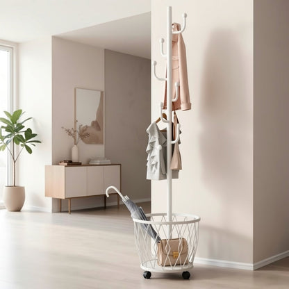 Freestanding Rolling Coat Rack with Storage Basket, Heavy-Duty Metal Garment Hanger with Hooks and Wheels, Space-Saving Clothes Organizer for Entryway Bedroom Living Room
