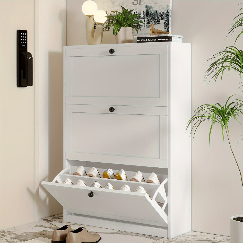 Shoe Cabinet with Flip Drawers & Adjustable Shelf | Narrow Entryway Shoe Storage Cabinet, Freestanding Hidden Shoe Organizer, 2 3 or 4 Drawer Options, White or Black, Space-Saving Hallway Furniture