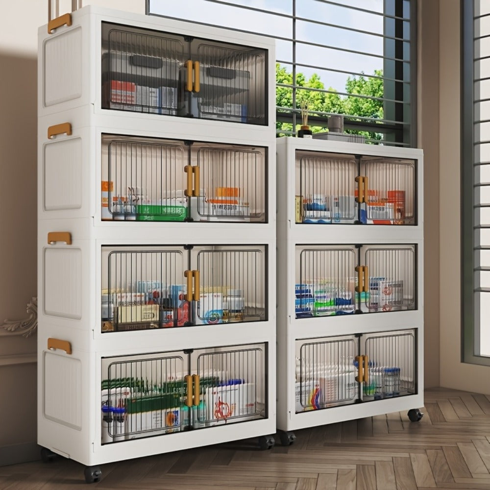 50CM-19.7" Large Capacity Foldable Medicine Cabinets with Lid, 3/4/5/6 Tier Stackable Medicine Box/Organizer with Casters, Multi-Purpose Cube Storage, Toilet Paper Storage Container, for Home, Office, Dorm Organization & Storage (Transparent)