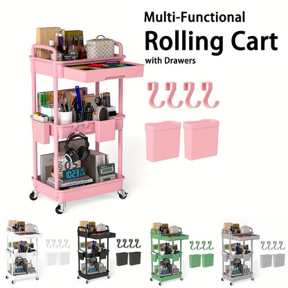3-Tier Rolling Cart with Drawers Lockable Wheels Cup Holder Hooks Plastic Storage Organizer for Kitchen Bathroom Living Room Office Salon Black Grey Green Pink White