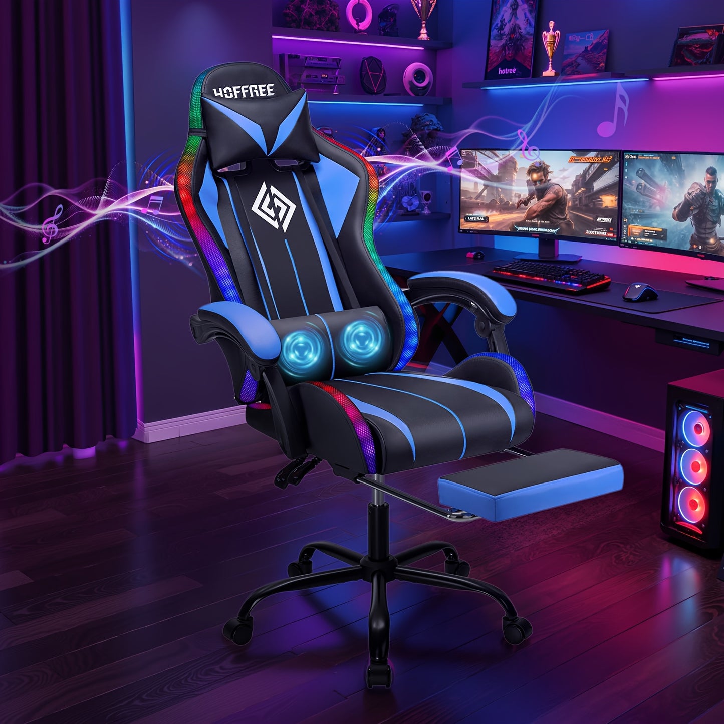 LED Gaming Chair with Wireless Speakers And Massage, Big And Tall Video Game Chair for 397Lbs with Footrest, Reclining High Back Computer Desk Chair